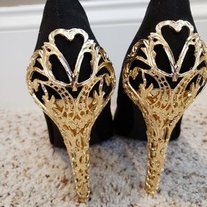 Black Faux-Suede Pumps with Gold Heel
